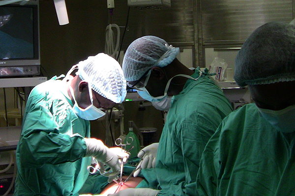 Surgeons at the Princess Marina Hospital in Gaborone, Botswana performing a laparoscopic procedure.