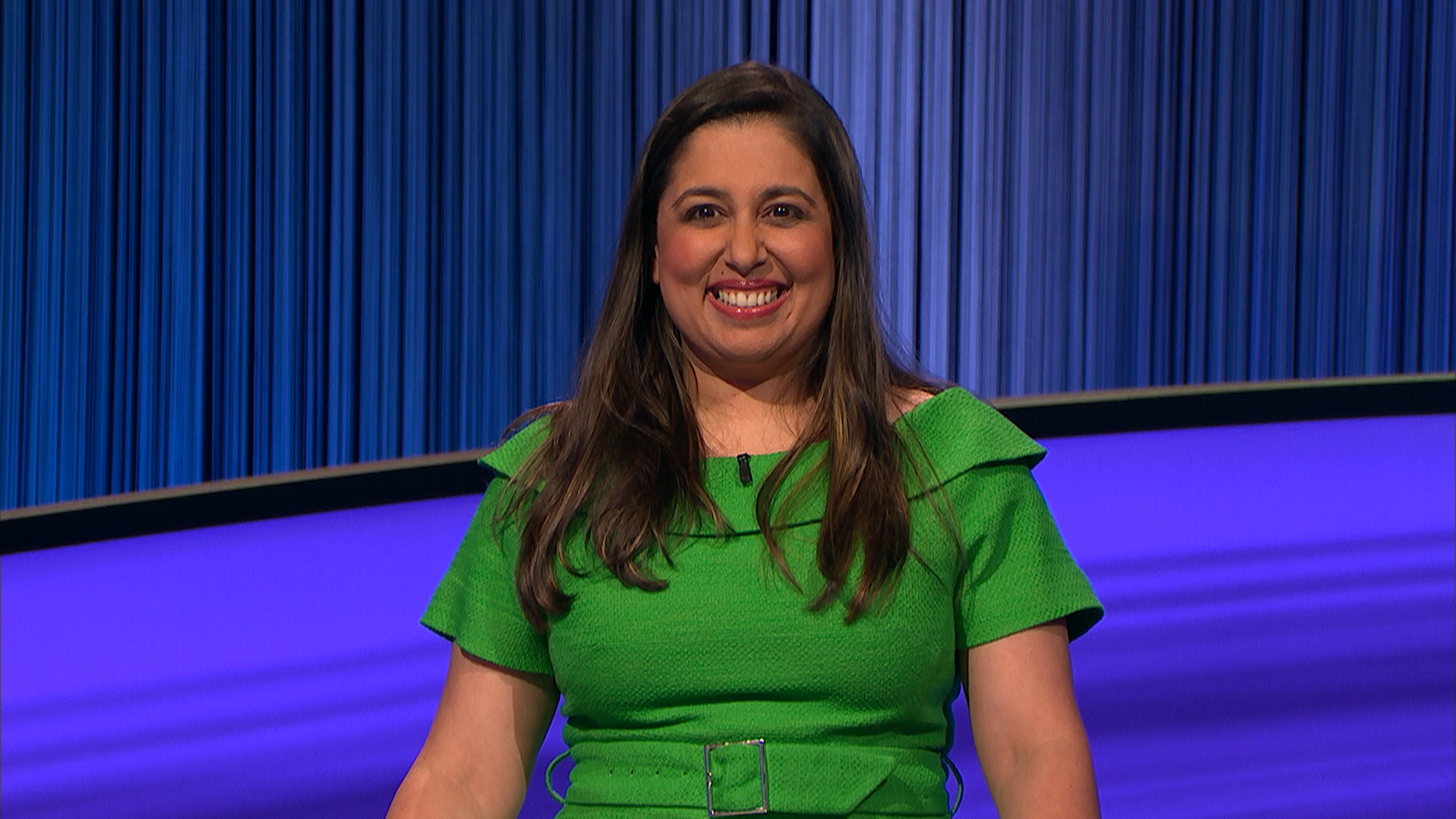 Juveria Zaheer on the Jeopardy! smiling into the camera