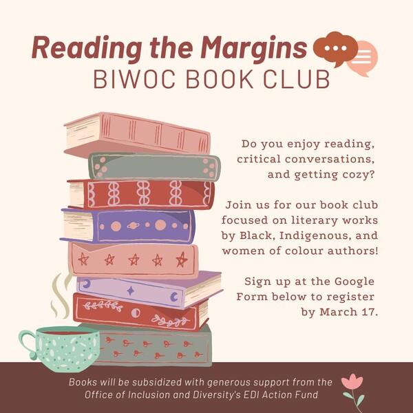 Graphic for the Reading the Margins BIWOC Book Club, with an illustration of a stack of books on the left side.