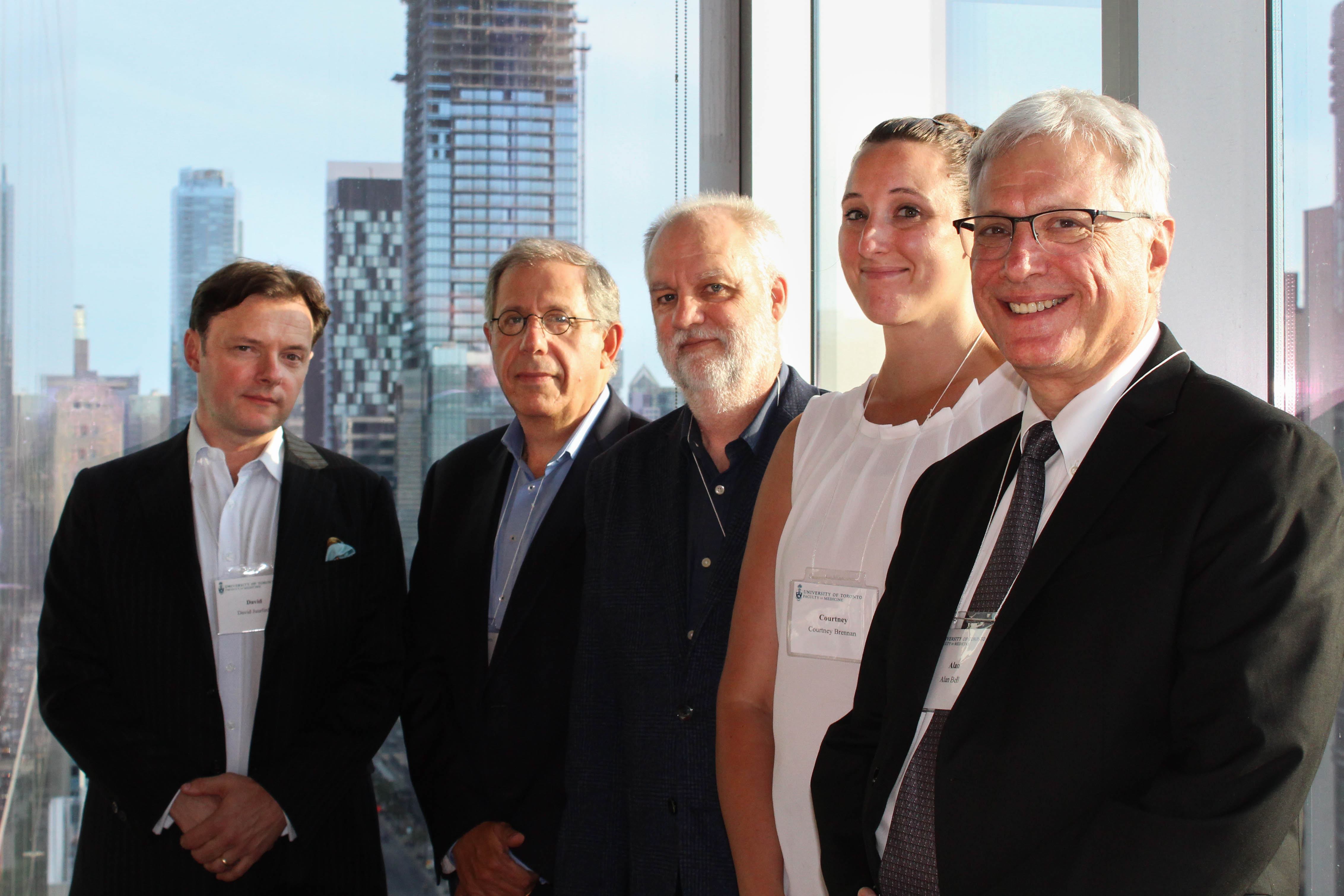 Photo of UofTMedTalks panelists, from left: David Juurlink, Anthony Feinstein, André Picard, Courtney Brennan and Alan Bell 