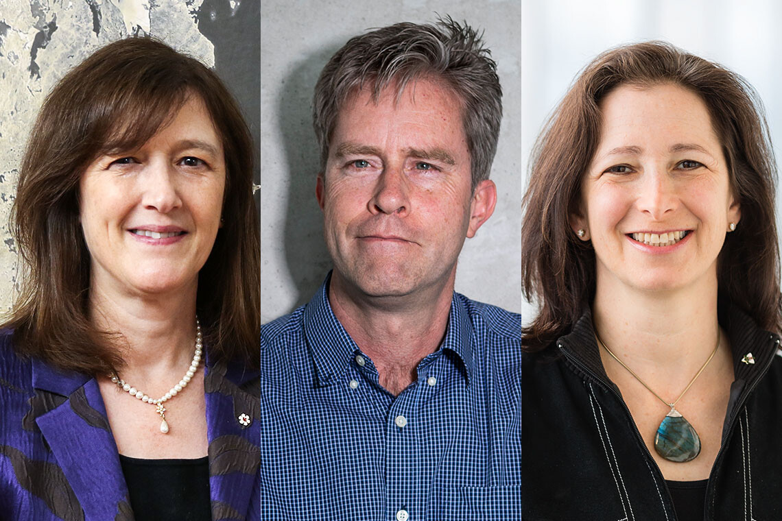 University of Toronto researchers Barbara Sherwood Lollar, Benjamin Blencowe and Molly Shoichet have been named fellows of the Royal Society, the United Kingdom's national academy of sciences (photo by Perry King, Nick Iwanyshyn and Neil Ta)